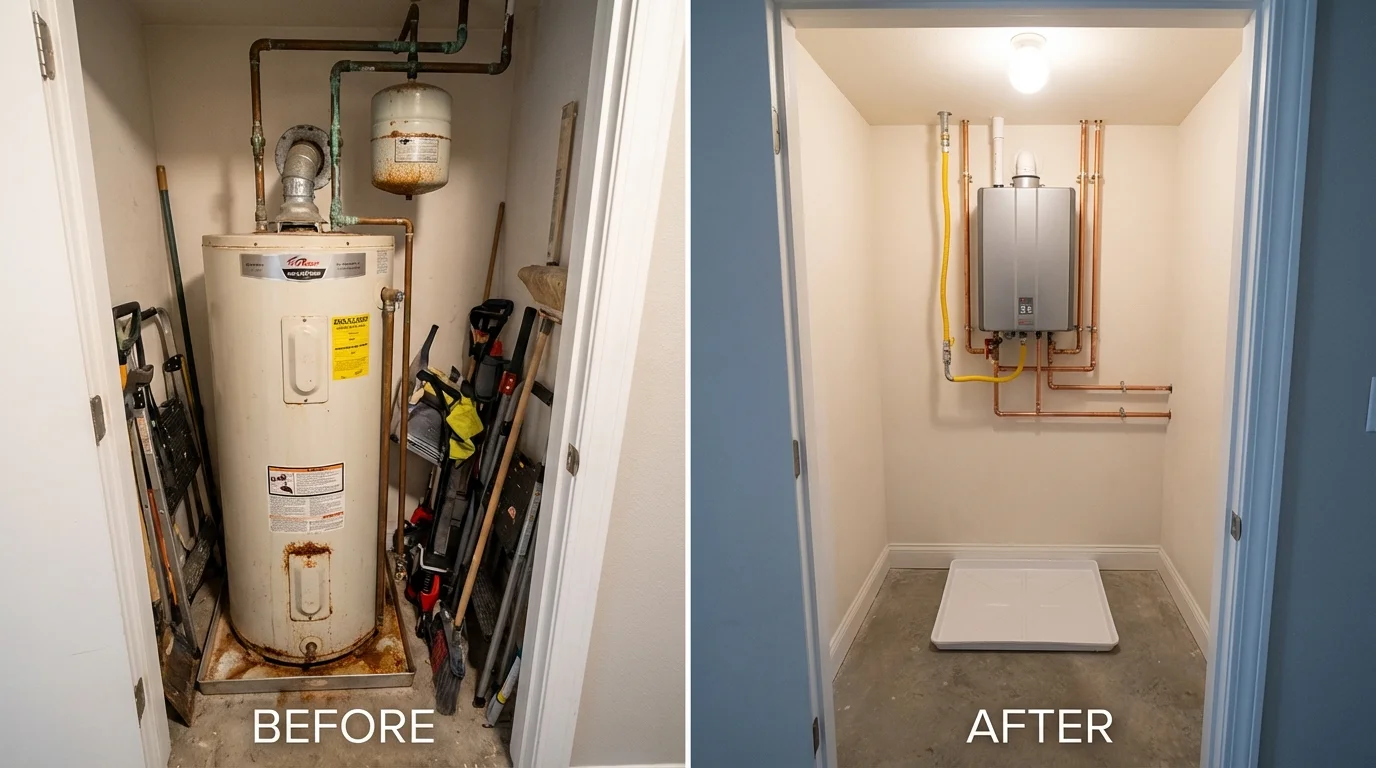 Tank water heater versus wall-mounted tankless unit comparison for Converse, IN homeowners