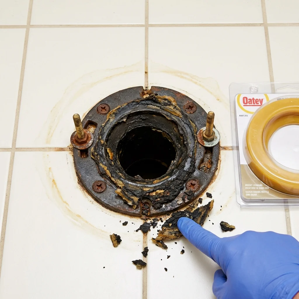 Failed wax ring showing water seepage at the base of a toilet in a Converse, IN home