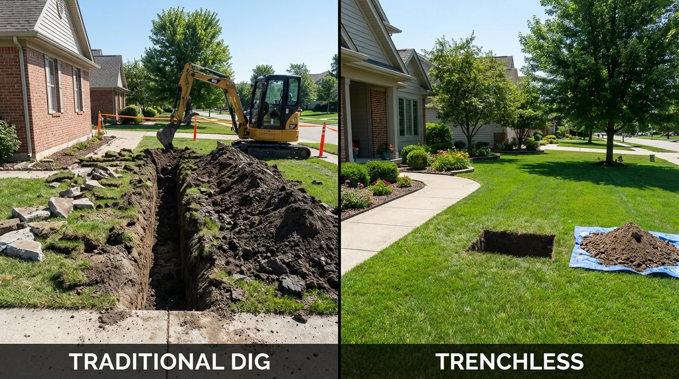 Trenchless sewer repair with minimal yard damage versus traditional excavation in Converse, IN