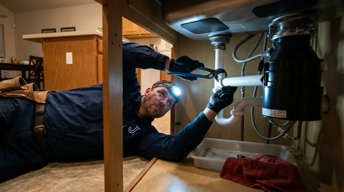 P-trap and supply line connections under a kitchen sink showing a common leak point in Converse, IN